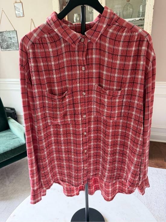 Wonderly Tops - Wonderly Plaid Button Down Blouse Rust Pink Textured Crinkle Long Sleeve Size XL